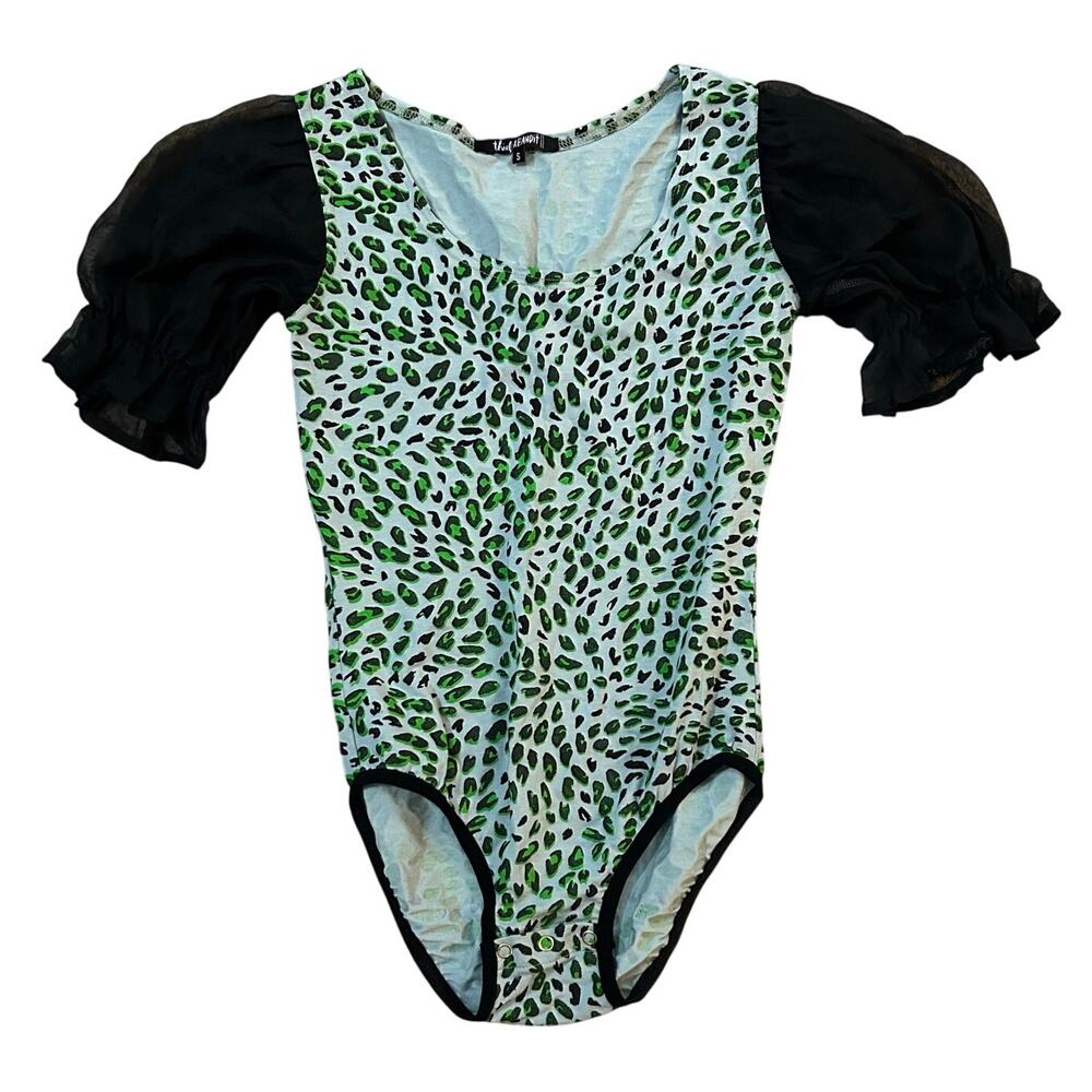 Thief & Bandit Leopard Print Puff Sleeve Bodysuit Women Small Blue Green Ethical